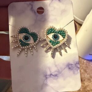 Teal Heart Eye Stud Earrings with Crystal Accents